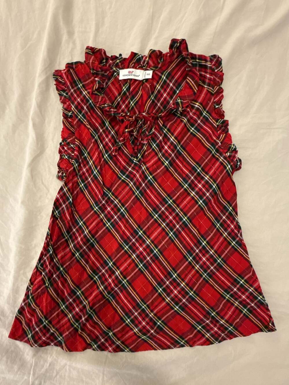 Vineyard Vines Red Tartan Plaid Ruffle Trim Sleeveless Tie Neck Top XXS